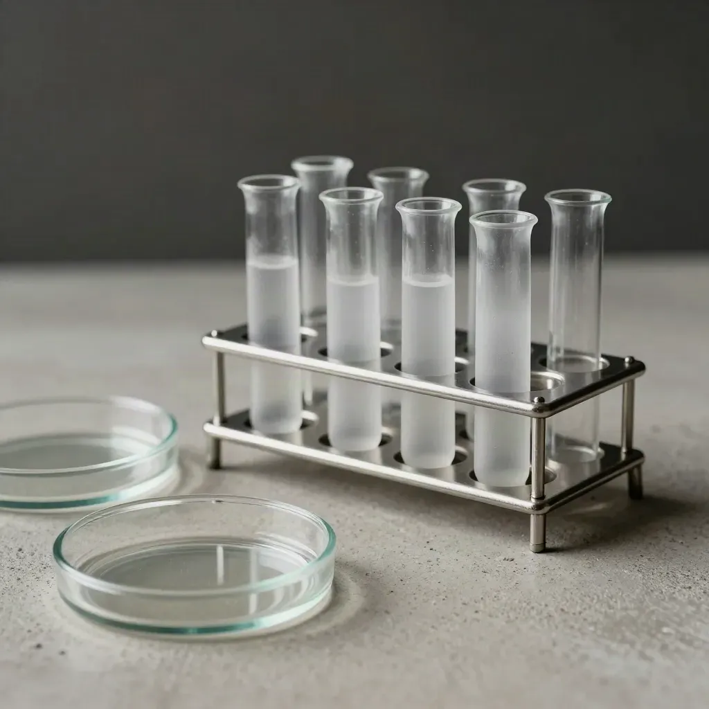 Frosted sample vials and glass petri lids on pale concrete with dramatic lab lighting.