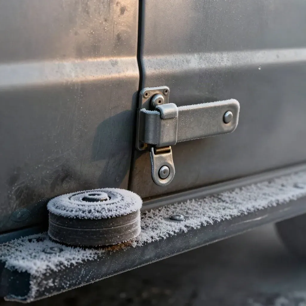 Scuffed fleet latch, wheel chock, and tie-down eyelet on brushed metal in cold depot mist.