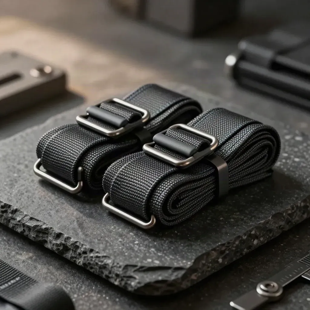 Cargo seals and tie-down buckles on dark stone with a cool warehouse mood.