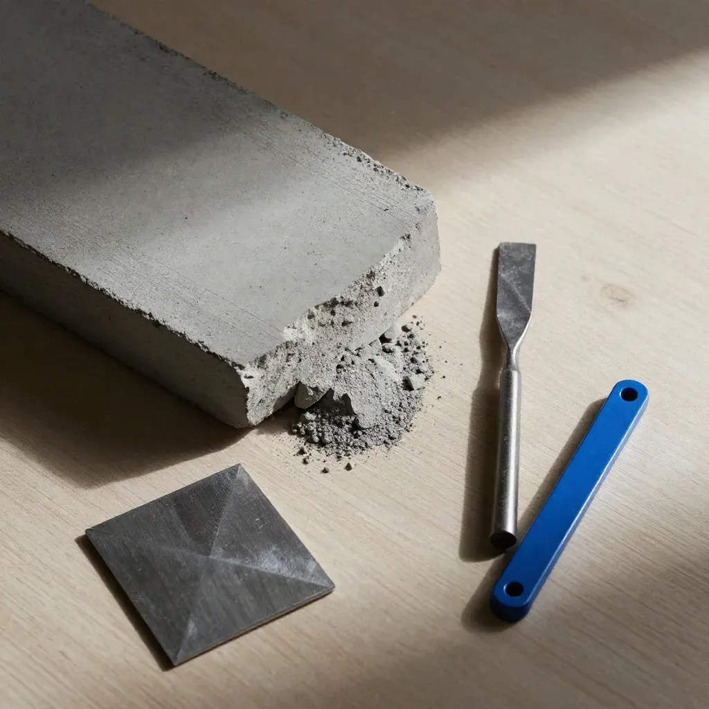 Overhead still life of concrete core tools on pale wood with blue accent and chalk dust.