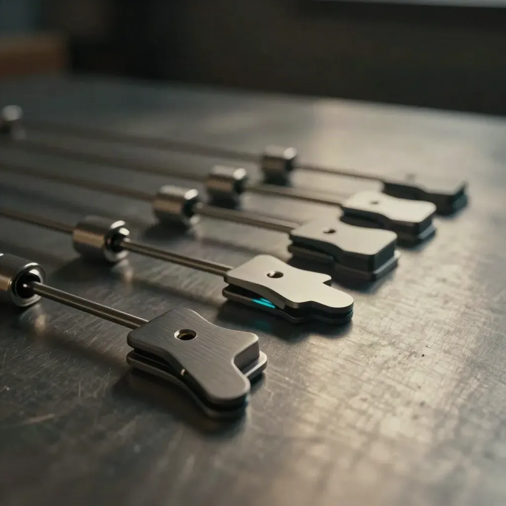 Matte magnetic clips and linking rods on brushed steel in dramatic studio light.