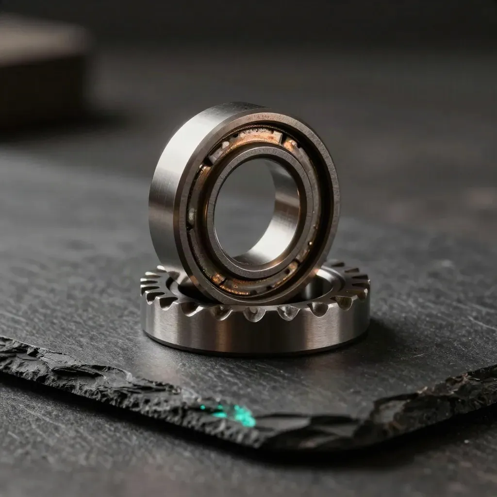 Macro of gear blank, bearing race, and spacer blocks on graphite slate with cyan reflections.