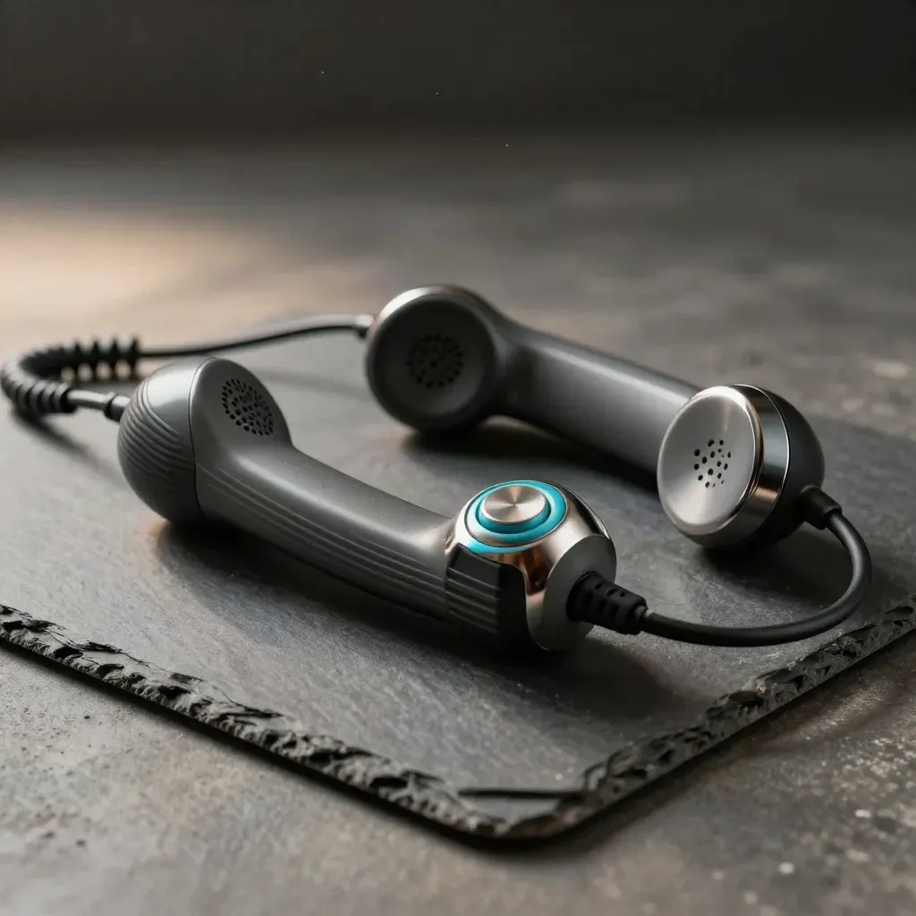 Two vintage intercom handsets with a coiled cord and metal call button on dark stone.