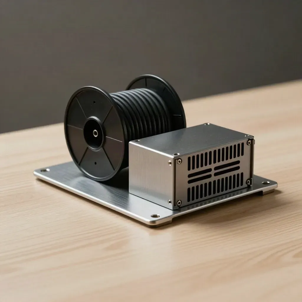 Brush-aluminum rack plate, cable spool, and power module on pale wood in dramatic soft light.