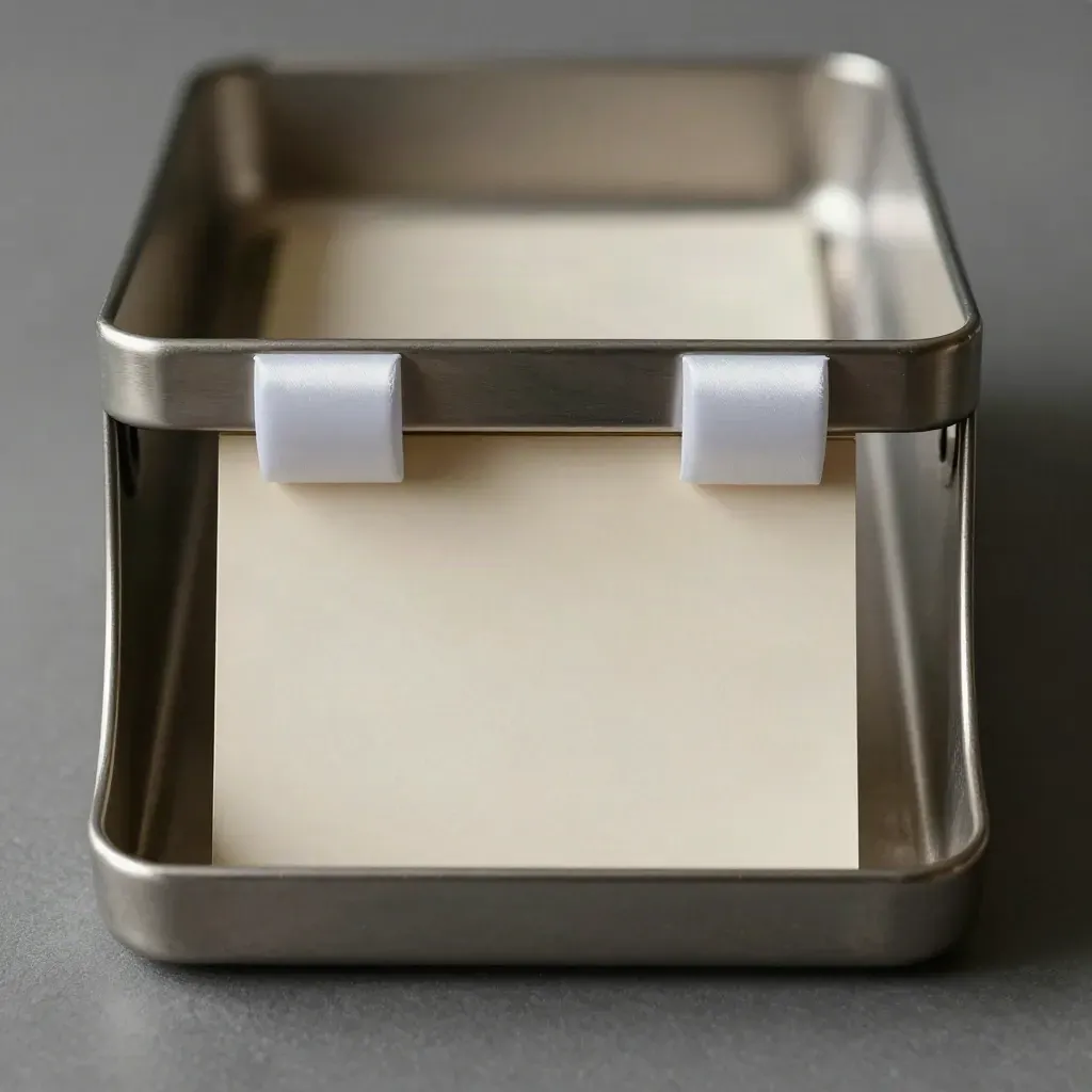 Top-down macro of a tiered metal inbox tray with blank divider cards and two weighted tabs.