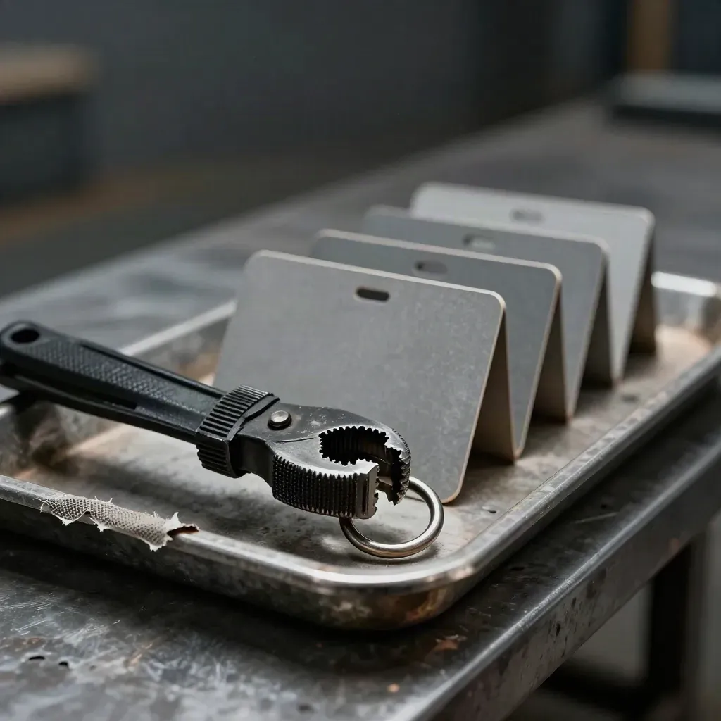 Macro of dispatch tools on a steel bench seen through mesh, with dust and dramatic rim light.