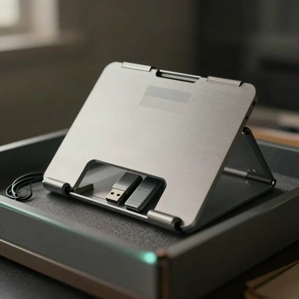 Folded laptop stand, adhesive tabs, USB drives and cable ties in a dark packing tray.