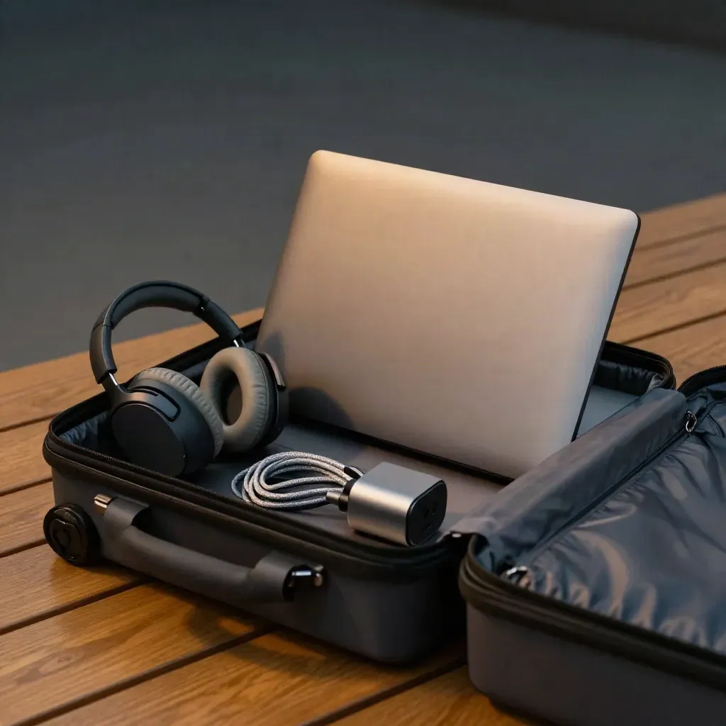 Packed remote-work travel kit: headphones, adapter, cable wrap and closed laptop in an open bag