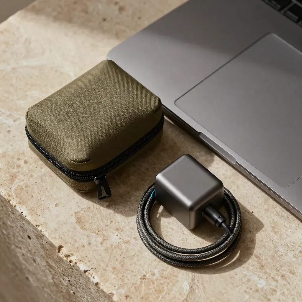 Closed laptop, headset pouch, charger and cable on warm stone in soft hazy light