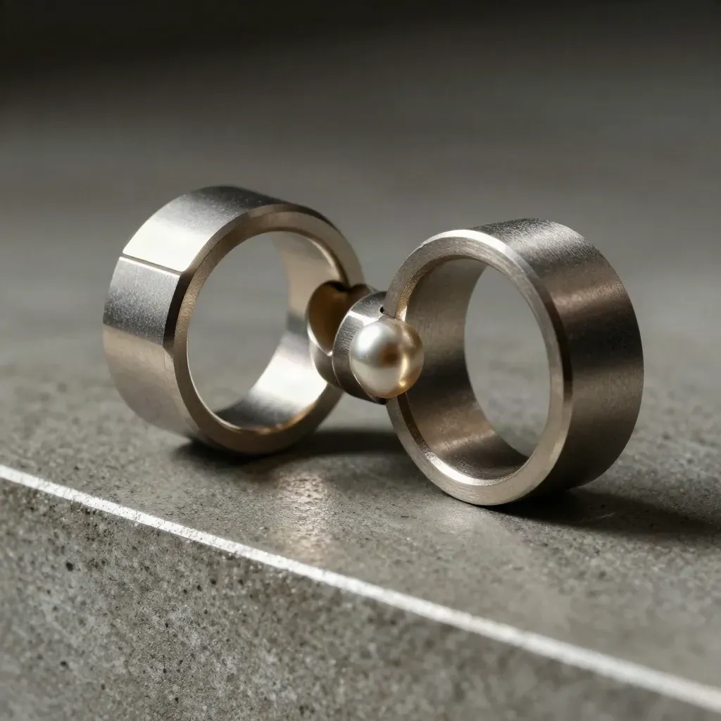 Machined rings locking with modular aluminum blocks on graphite concrete in dramatic studio light.