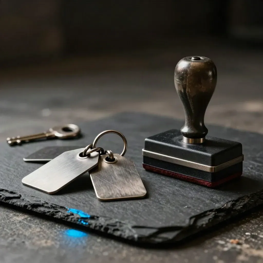 Dispatch tags, crate latch, and rubber stamp block on dark slate with blue bokeh glow.