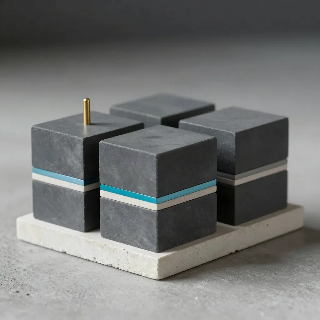 Matte graphite blocks, spacer shims, and a brass pin on pale concrete with cyan accents.