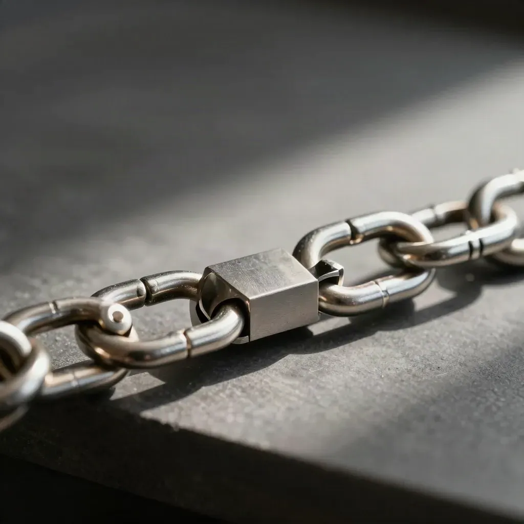Steel connector tabs lock together on brushed metal with cool graphite mist.