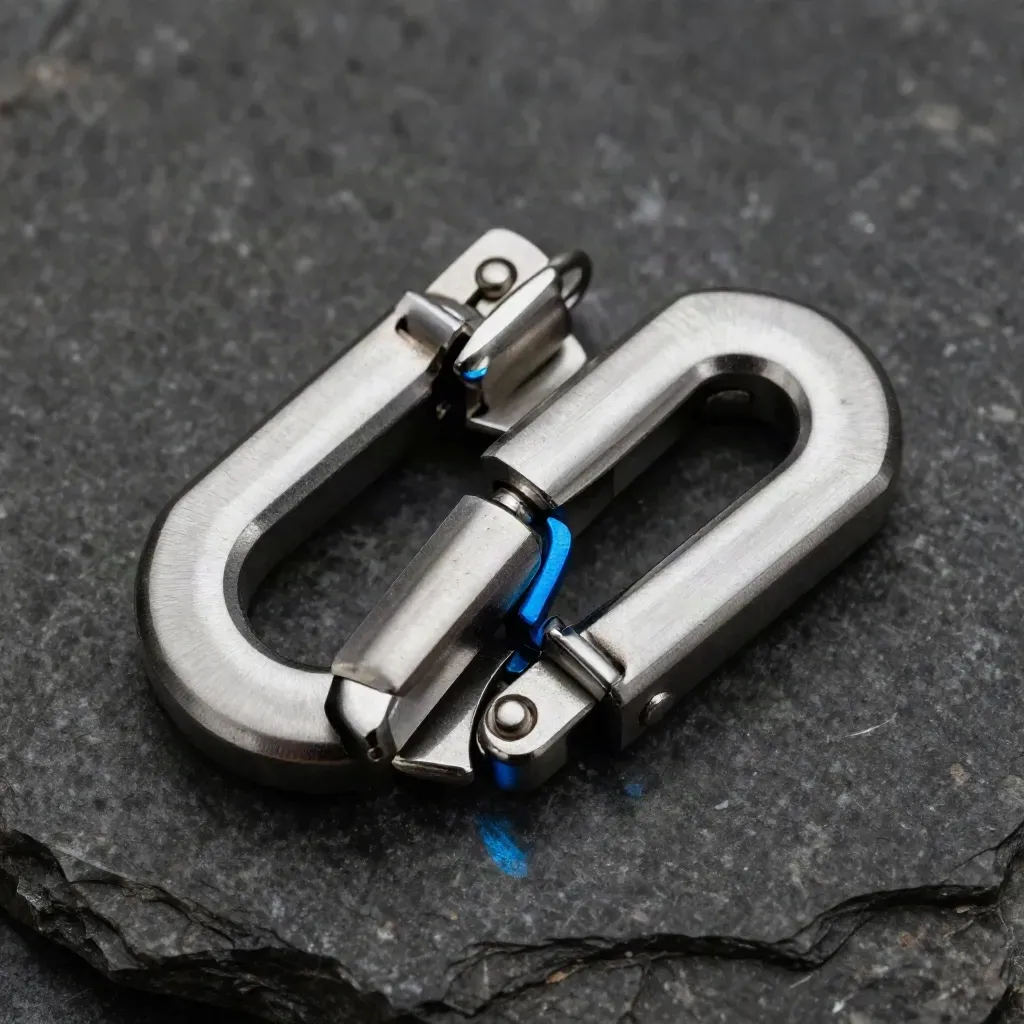 Macro of steel couplings and a clasp joining on dark stone with a blue accent.