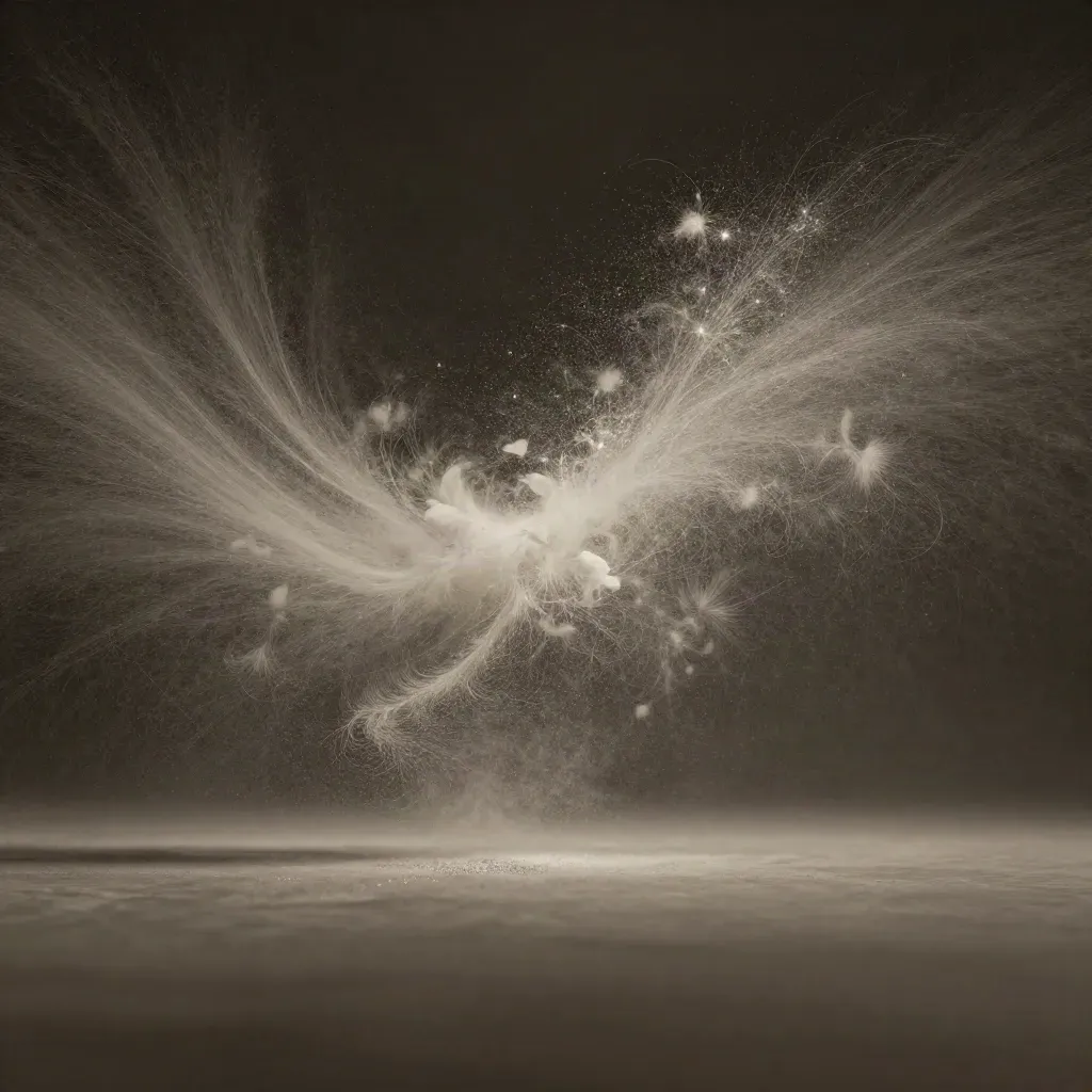Silver filaments converge into a soft white bloom in deep graphite haze.